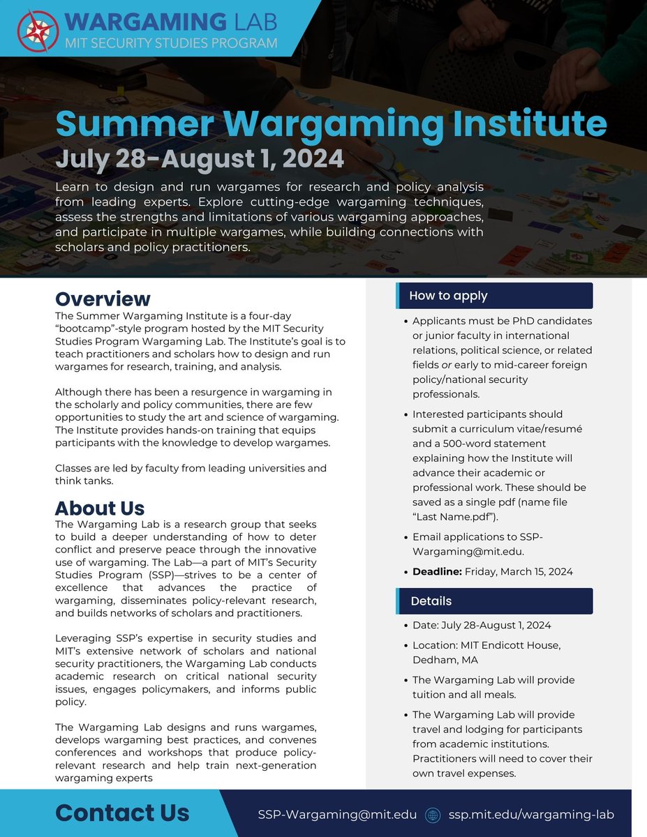 Are you a PhD student, junior faculty member, or early/mid career NatSec professional who wants to learn how to design and run wargames for research, teaching, or policy analysis? Apply to join us at the @MIT_SSP Wargaming Lab Summer Institute! Application deadline: March 15th.