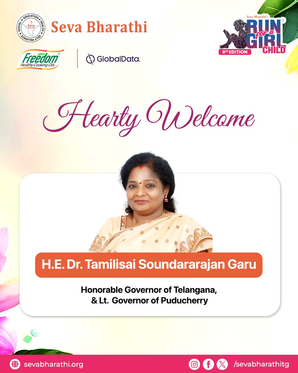 sevabharathitg's tweet photo. Namaste! We're delighted to announce that H.E. Dr. Tamilisai Soundararajan Garu, the Hon'ble Governor of Telangana and Lt. Governor of Puducherry, will be flagging off the 5K at 7 AM Tomorrow.
#RunForAGirlChild #SevaBharathi #TelanganaGovernor #LaceUpForChange
@DrTamilisaiGuv https://t.co/aOPLCnsg4n