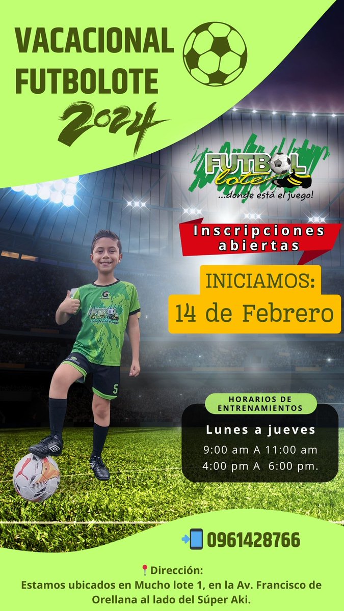 Vacacional de fútbol 2024 ⚽🏃🏻
➡️ Inscripciones abiertas! 📝

📍Fecha de Inicio:
Miércoles 14 de febrero

Días de entrenamiento:
Lunes, martes, miércoles y jueves

✅ Horarios matutino
De 9:00 a 11:00am

✅ Horario vespertino 
De 4:00 a 6:00pm
#guayaquil #vacacional #futbol