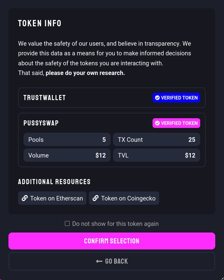 PUSSYFinancial's tweet photo. Safety for the $PUSSY community is a top priority!🚀

That’s why $PUSSY Swap will help users stay informed! 💪🏻

Preview of the Token Info page before swapping! 👀 https://t.co/WBDIVJa2Qj