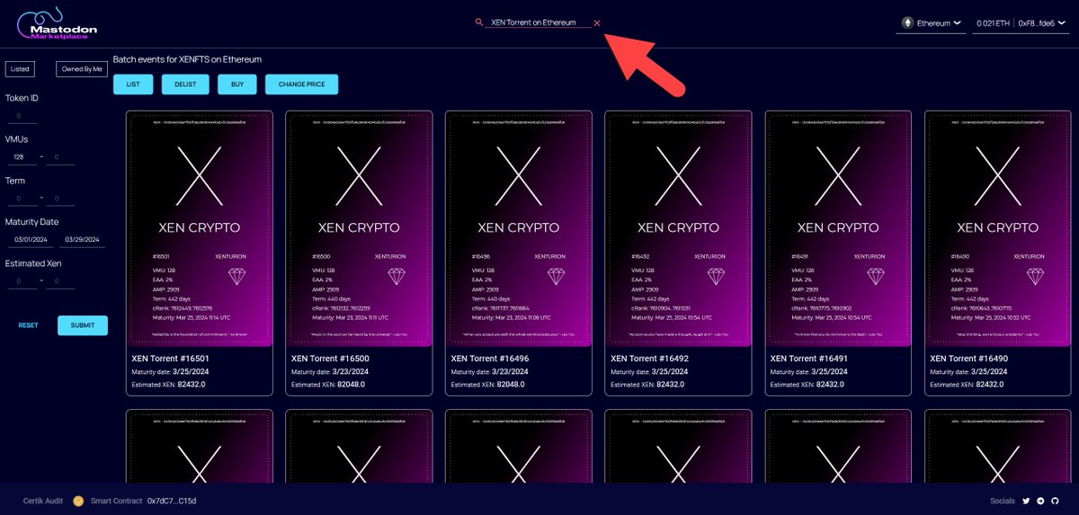 xenpub's tweet image. To see  #XENFTs on Mastodon NFT Marketplace go to 👉 mastodon.dbxen.org/xenfts or search for &apos;XEN Torrent&apos;. 
Note: #XENFTs are still being synchronized. If you don&apos;t see yours, give it a day or two.
Btw. #DBXENFT team, just noticed a small issue with the Estimated $XEN (too low).