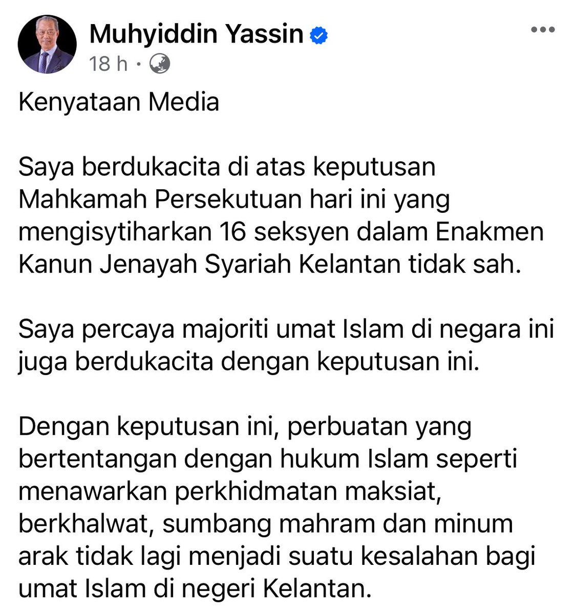 Bila masa khidmat seks, sumbang mahram dan arak tidak lagi jadi kesalahan di Kelantan selepas keputusan mahkamah semalam?

Muhyiddin ini sedar penyokongnya yang ramai dan bodoh tidak suka membaca. Maka, dia ambil kesempatan untuk tabur fitnah di Facebook.