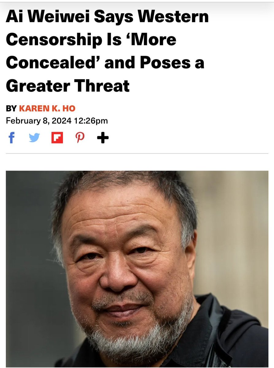 BootsRiley's tweet image. Ai Wei Wei famous here partly cuz his was a good anti-China story. 

But now that he has been here he says that censorship in the US is "even worse" than China.

He says that's due to how it “operates in a more concealed, solid and enduring manner.”

artnews.com/art-news/news/…