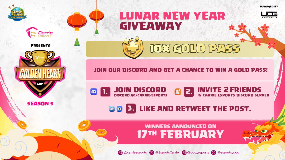 🎊✨ Celebrate #LunarNewYear in style with Carrie Esports! 🏆 Join our exclusive giveaway for a chance to win GOLD PASSES! Don't miss out – join our Discord server now! discord.com/invite/carrie-… 🎉🧧

#GoldenHeartCup <a href="/EsportsCarrie/">Carrie eSports</a> <a href="/esports_udg/">uDG Esports</a> <a href="/CupUpCarrie/">Carrie名滿天下❤️</a> <a href="/CoCEsports/">Clash of Clans Esports</a>