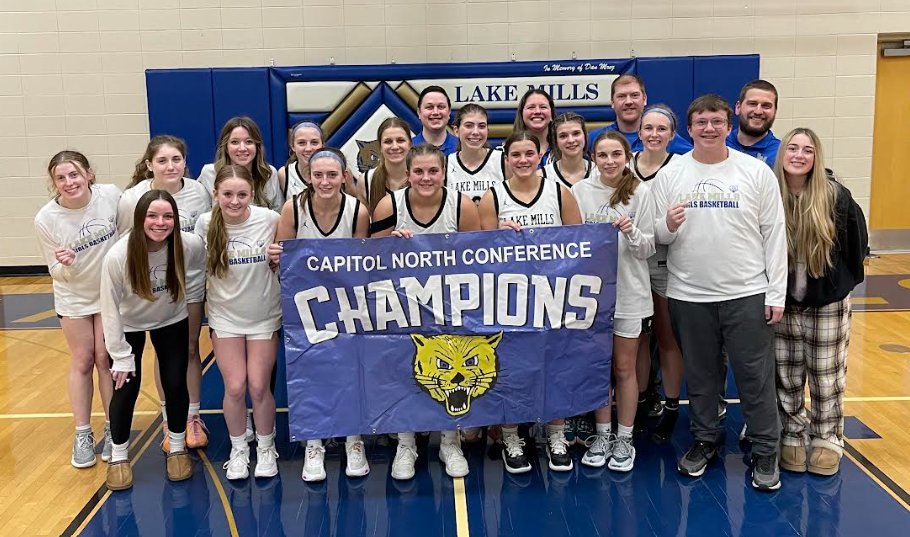 LcatsAthletics's tweet photo. Lake Mills Girls Basketball secures the Capitol North Title for the 6th consecutive season, triumphing over Lodi with a 52-42 win!  Get your championship shirts today! Hats off to the Lady L-Cats for their remarkable achievement!  Link: https://t.co/meOHhh3wps https://t.co/q5ODZI22cb