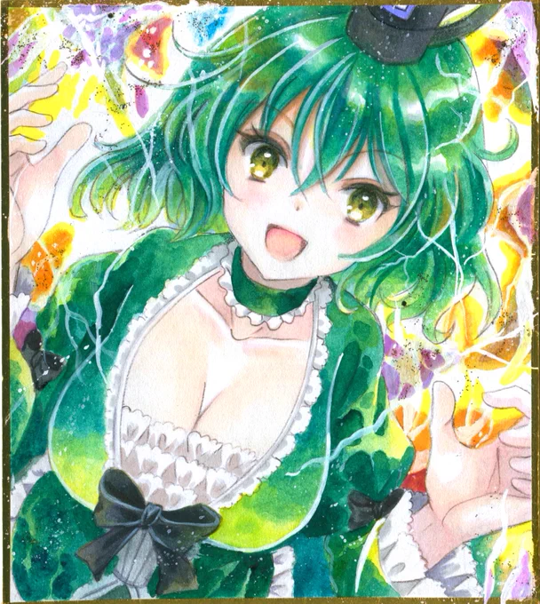 【今週のアナログ絵の成果5】影狼さん、針妙丸ちゃん、屠自古さん、そして指ハートふとじこ描きました(全て小色紙です) 