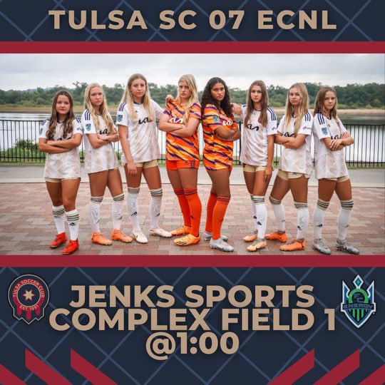 Tulsa SC 07 Girls ECNL (25/26) (@tulsasc_07_ecnl) on Twitter photo Big one tomorrow! Our instate rivals travel to Tulsa to see who rules the State. 1:00 pm at Jenks Sports Complex turf #1.
<a href="/CowgirlFC/">OSU Cowgirl Soccer</a> <a href="/OU_WSoccer/">Oklahoma Soccer</a> <a href="/TulsaWSoccer/">Tulsa Women's Soccer</a> <a href="/KUWSoccer/">Kansas Soccer</a>
<a href="/TulsaSC/">Tulsa Soccer Club</a> <a href="/CoachLewisAmos/">Lewis Amos</a> <a href="/ImYouthSoccer/">ECNL/GA/Recruiting/College Soccer</a> @SoccerMomInt <a href="/ImCollegeSoccer/">College Soccer Truth โข</a> <a href="/TopDrawerSoccer/">TopDrawerSoccer</a> <a href="/PrepSoccer/">Prep Soccer โฝ๏ธ</a> Big one tomorrow! Our instate rivals travel to Tulsa to see who rules the State. 1:00 pm at Jenks Sports Complex turf #1.
<a href="/CowgirlFC/">OSU Cowgirl Soccer</a> <a href="/OU_WSoccer/">Oklahoma Soccer</a> <a href="/TulsaWSoccer/">Tulsa Women's Soccer</a> <a href="/KUWSoccer/">Kansas Soccer</a>
<a href="/TulsaSC/">Tulsa Soccer Club</a> <a href="/CoachLewisAmos/">Lewis Amos</a> <a href="/ImYouthSoccer/">ECNL/GA/Recruiting/College Soccer</a> @SoccerMomInt <a href="/ImCollegeSoccer/">College Soccer Truth โข</a> <a href="/TopDrawerSoccer/">TopDrawerSoccer</a> <a href="/PrepSoccer/">Prep Soccer โฝ๏ธ</a>