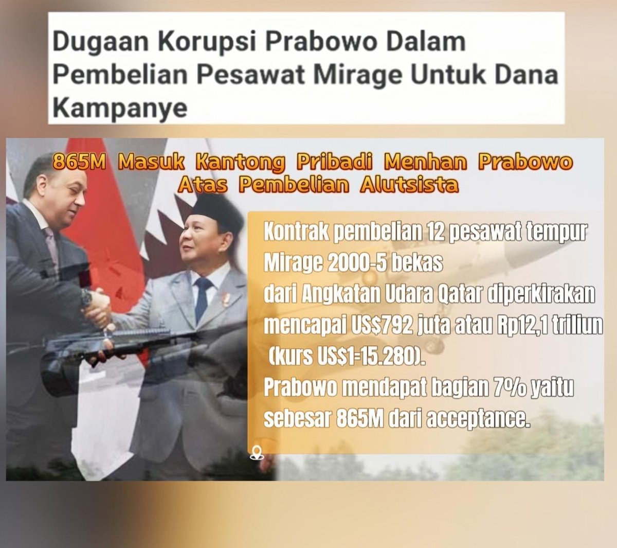 Fee 7 % sebesar Rp 865 Miliar dibayar cash dan di bawa dengan jet pribadi, katanya sih biar tidak tercium PPATK.

Jika ini benar, maka hal ini  adalah skandal yang MEMALUKAN dan dunia Luar akan semakin menempatkan RI sebagai negara no 1 TERKORUP.

Usut tuntas ini <a href="/KPK_RI/">KPK</a>