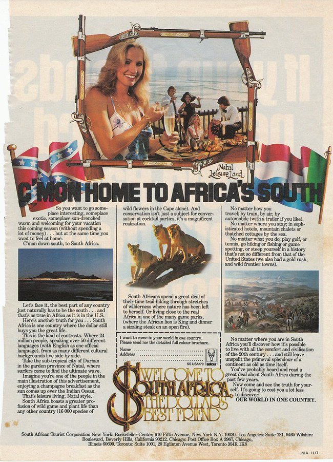 durianboy91's tweet photo. @SaeedDiCaprio @Robert_Martin72 Fun fact: A lot of white Americans went to South Africa for tourism thanks to this ad and they saw so much Apartheid and Racism in South Africa they were shocked and traumatized in the end. It's one of the reasons why SA Apartheid ended too. https://t.co/24uFCtWXC7