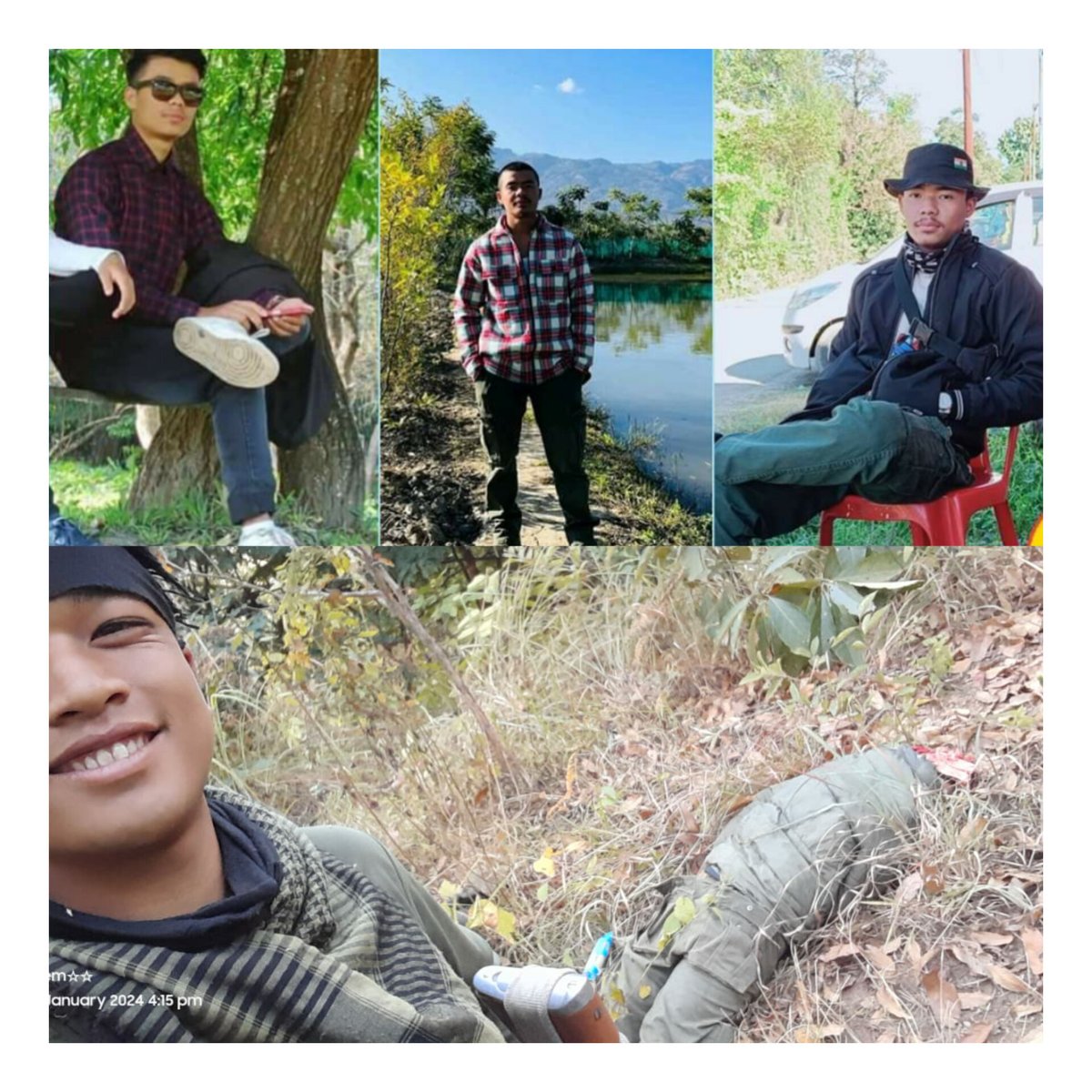 virbhadrayumnam's tweet photo. A leaked photo shows the #KukiMilitant responsible for killing Maisnam Ibomcha (Khaba) on January 30 in Kadangband. Shockingly, it captures the perpetrator taking a selfie with Khaba's lifeless body. This chilling snapshot is a stark reminder of Kukis brutality. #JusticeForKhaba https://t.co/v37SbtcHlK