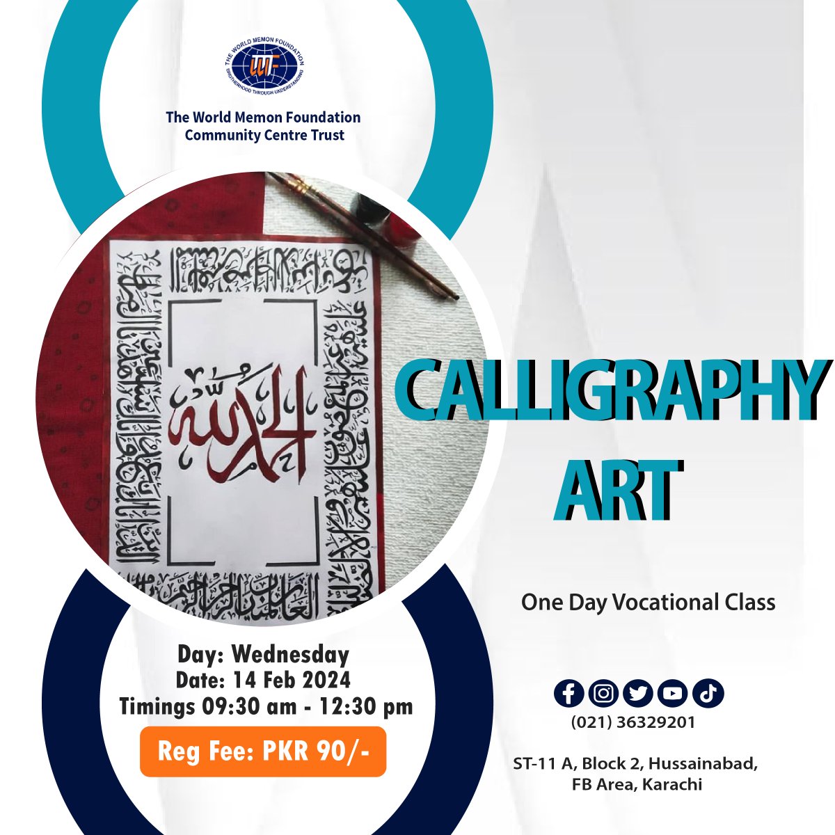 wmfcct_official's tweet photo. VOCATIONAL TRAINING CENTRE
ONE DAY VOCATIONAL
CALLIGRAPHY ART
Kindly call before coming to check the availability of seats (021) 36329201
#wmfcct #oneday #worldmemonfoundationcommunitycentretrusretrust https://t.co/FZawTOzbDm
