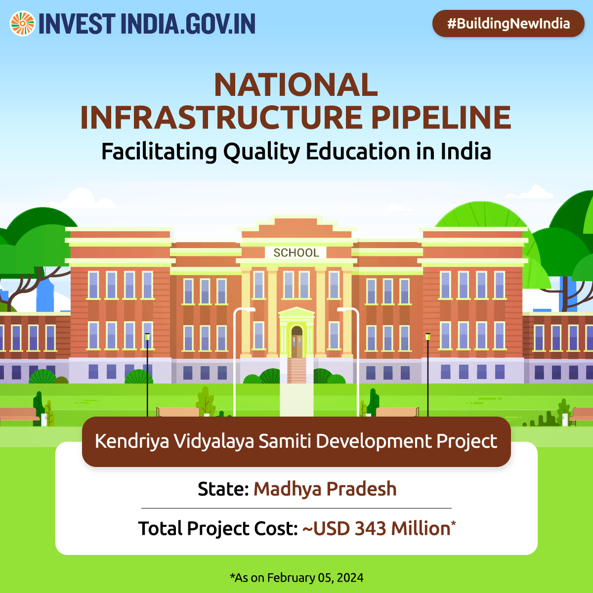 Under #NIP, this project focuses on the nationwide expansion of Kendriya Vidyalaya Sangathan (KVS) schools & offices, promoting widespread access to educational facilities in #MadhyaPradesh.  

Know more: bit.ly/page_NIP

#BuildingNewIndia #NationalInfrastructurePipeline