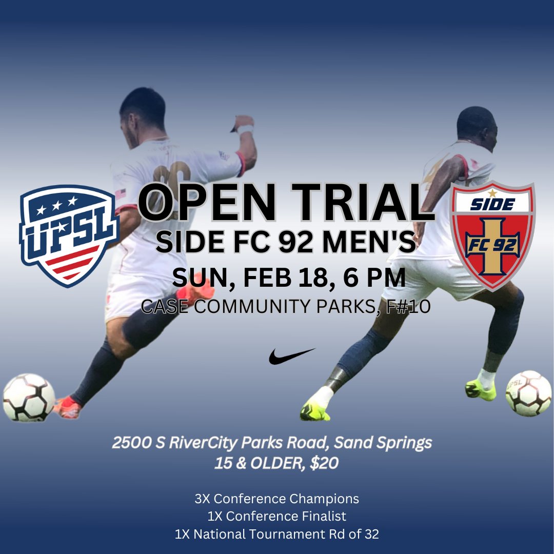It is time. Attention 15 and older men's players. Side FC 92 OPEN TRIAL next SUNDAY, FEB 18, 6 PM. RSVP NOW: form.jotform.com/240399098293166 #SideFC92
