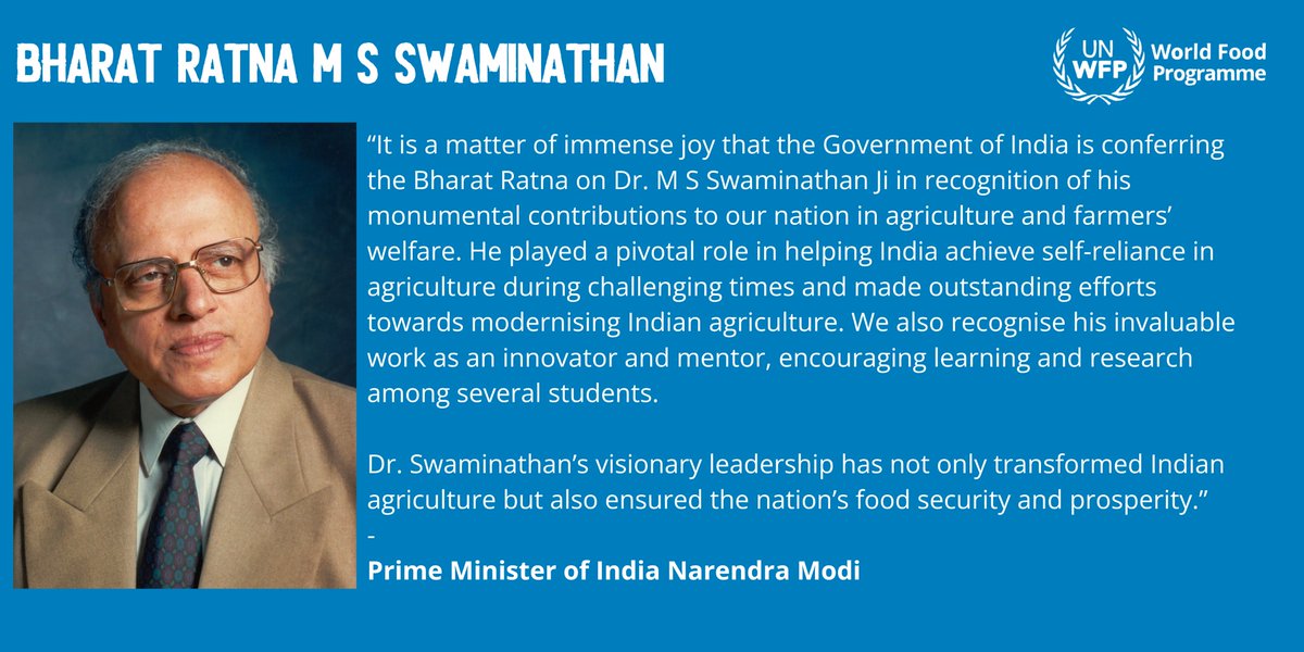 We are delighted that the Late Dr M S Swaminathan has been awarded the Bharat Ratna for his monumental contributions to India's agriculture and farmers’ welfare. WFP much cherished his wisdom and guidance.
<a href="/msswaminathan/">M S Swaminathan</a> <a href="/mssrf/">MSSRF</a> <a href="/PMOIndia/">PMO India</a> <a href="/doctorsoumya/">Soumya Swaminathan</a>