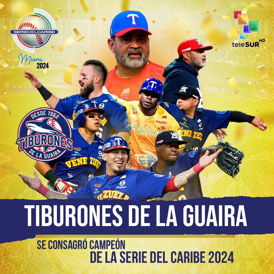 #Tiburones de La Guaira 🇻🇪 se consagró campeón de la Serie del Caribe Miami 2024, luego de vencer en la final a Tigres del Licey 🇩🇴 3 carreras por 0. 

Este es el primer título caribeño de los Tiburones 🦈.

#Venezuela #SerieDelCaribe