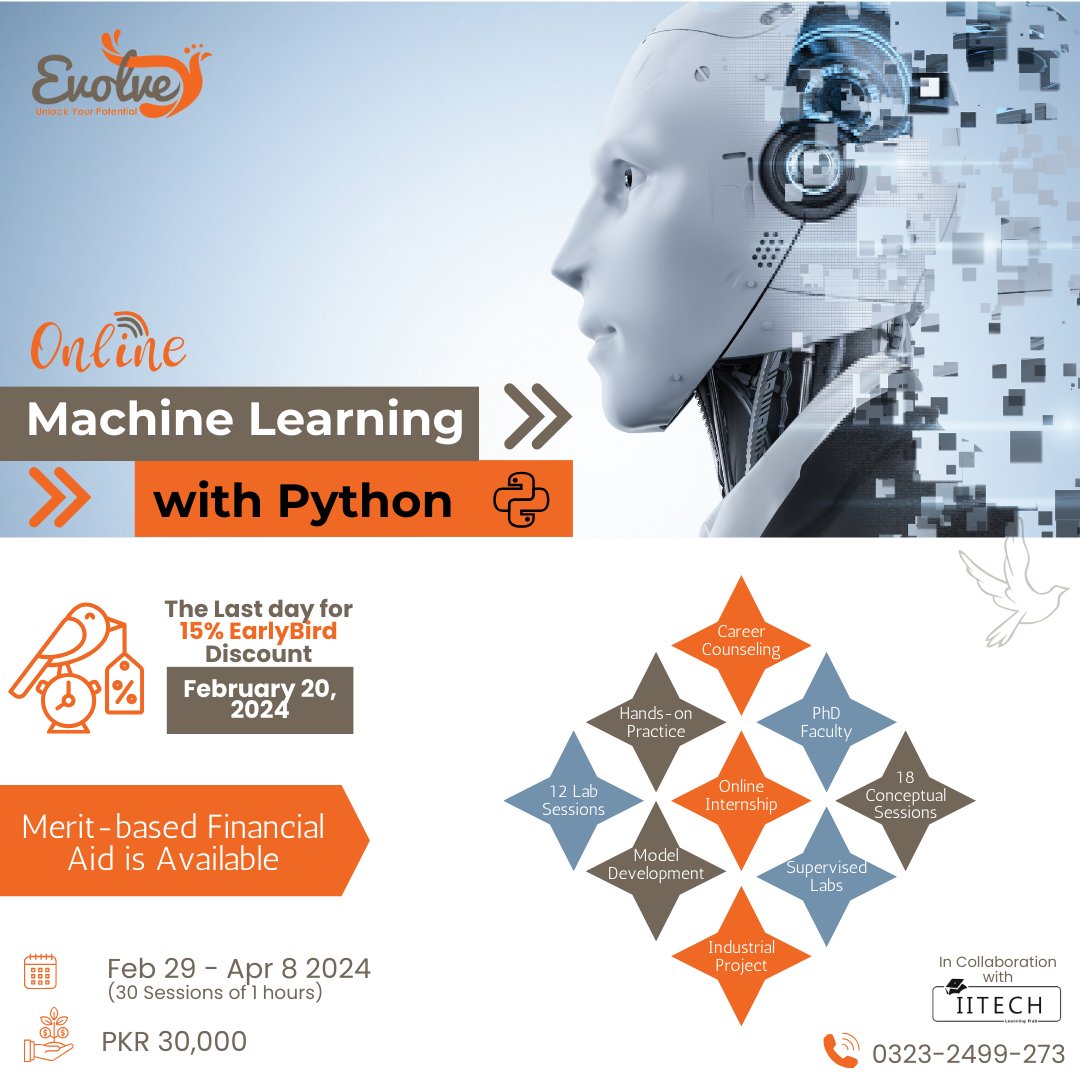 evolveplc's tweet photo. Unleash the power of Machine Learning with Python and propel your career forward! Don't miss out on our exclusive course offering. Register now before Feb 20, 2024, to grab a hefty 15% Early Bird Discount!

https://t.co/fPJybMLr43 https://t.co/jn2f1CUXwd