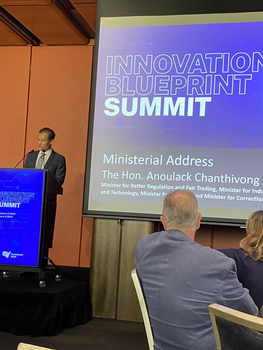 ProfRoyGreen's tweet photo. NSW Minister for #Science, #Technology &amp; #Innovation Anoulack Chanthivong tells the Innovation Blueprint Summit that progress to a more competitive &amp; dynamic knowledge economy will not come about with a transactional mindset but only with deeper engagement @InvestmentNSW https://t.co/vhcaK86i2V