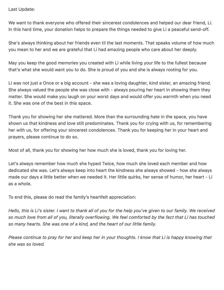 ilove_hyo's tweet photo. Hello, I want to thank everyone for loving @momotozakis. 

As a final update, please do take your time to read this note. Please pray for her and remember her.😊

We’re comforted in knowing she has touched so many lives. https://t.co/WCDsPLIHOR
