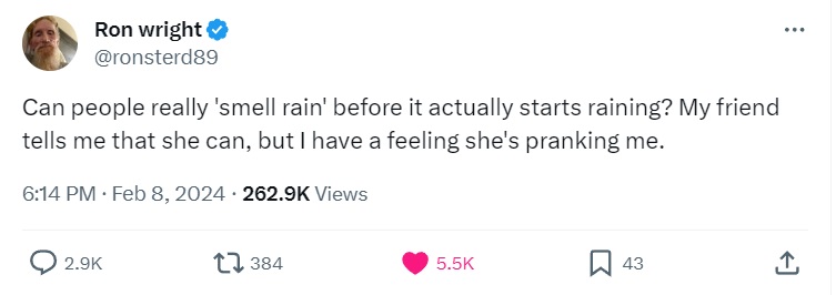 Here's a good Ask The Expert for <a href="/BillRandbyKETV/">Bill Randby</a> ...
Your thoughts? 🌧️👃🏽
This post gets over 5K likes (and over 250K views!) in short order ... I'm guessing he's not from around here?

Yes... Yes, I can 'smell rain' before it actually happens.
You?