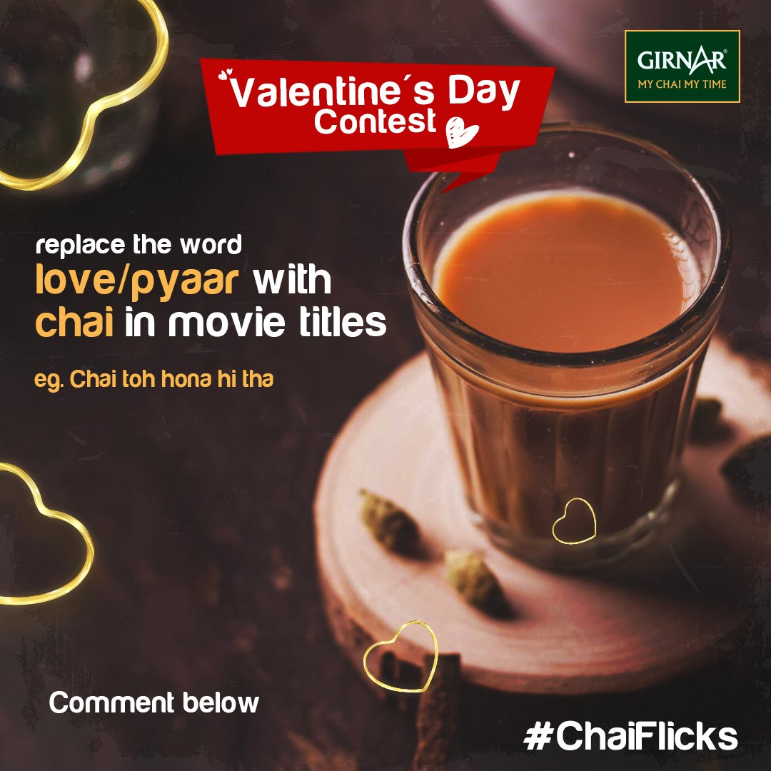 Spice up your favorite movie titles with a chai twist! Replace 'love' or 'pyaar' with 'chai' and create a chai-tastic movie title.

To participate:
Retweet our post
Comment using the hashtag with #Chaiflicks
Tag 2 chai buddies

2 lucky winners get exciting prizes! 🎁