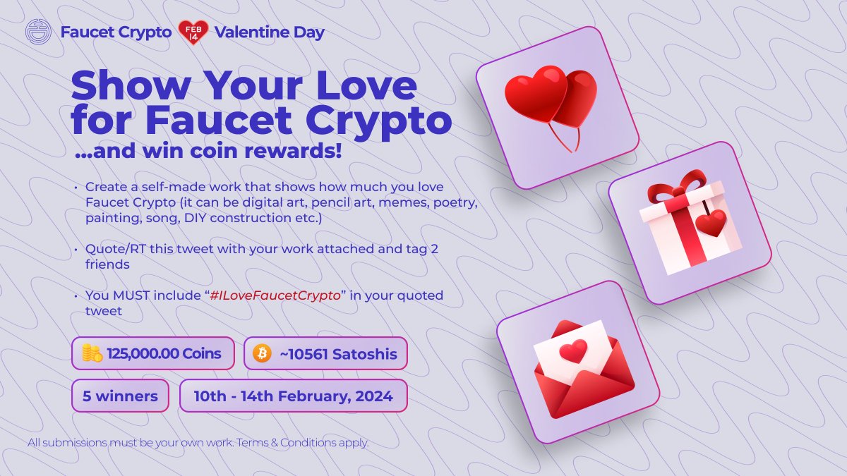 faucetcryptocom's tweet photo. It's the season of love 💞✨

Between now and 14th Feb, show how much you love us and you could be among the lucky winners if your work stands out! (see details in the image &amp; tweet below)

#FaucetCrypto #FC2024 #ILoveFaucetCrypto #Valentine https://t.co/u7aNIWVEj8