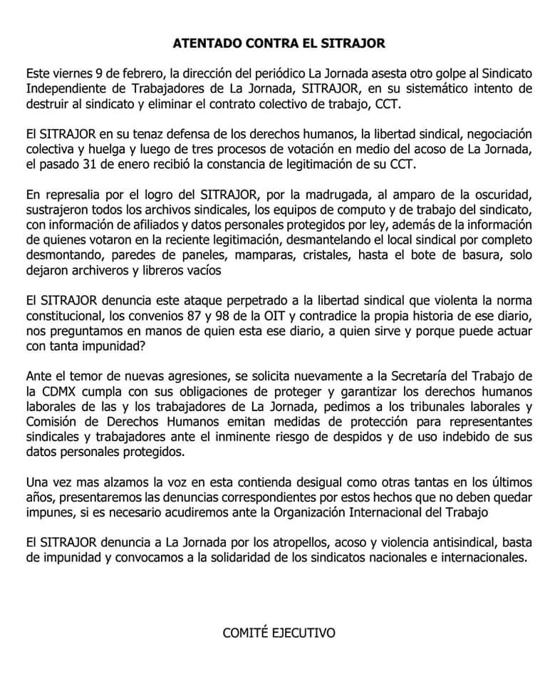 #Ojo 👁 Que no se olvide que detrás de la señora que destruyó <a href="/Notimex/">Notimex</a>, estuvo la directora de la <a href="/LaJornada/">La Jornada Impresa</a>, en donde tienen años coartando la libertad sindical y violando los derechos laborales. 
Nuestra solidaridad con los colegas del periódico y nuestro respaldo al <a href="/Sitrajor/">Sitrajor</a>