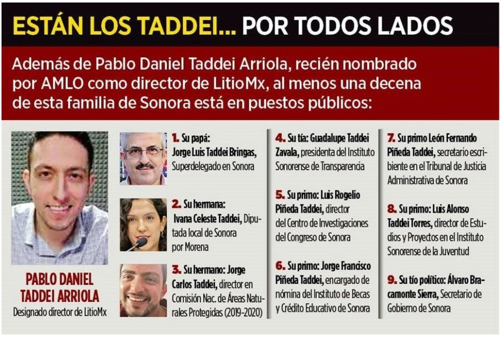 Si a un té preguntas por qué Guadalupe Taddei la titular del INE se la pasa todos los días en Palacio Nacional? Esta es la repuesta toda su familia está en la nómina del partido Morena. Así o más claro el conflicto de intereses. Se fragua fraude electoral desde Palacio Nacional.