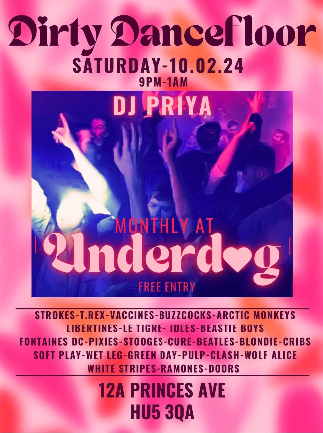 TONIGHT!!! Love to be loved at Dirty Dancefloor at Underdog this Valentine’s week. It’s like a great big love-in…with Dancing! ❤️🎸🎶xx