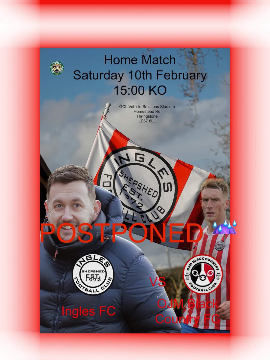 Todays 1st team game at home to @OJM_CFC has been postponed due to a waterlogged pitch