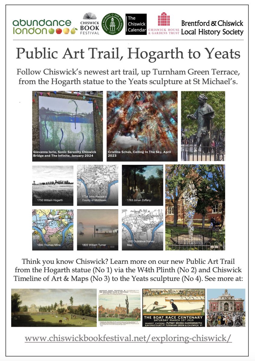 W4BookFest's tweet photo. Follow our newest Art Trail, from the Hogarth Statue @ChiswickHighRd to the Yeats sculpture @StMichaelsW4, via @AbundanceLondon’s #W4thPlinth + #ChiswickTimeline. See https://t.co/0dSoEGs4wp Thanks to @HogarthProgress @YeatsBedfordPk @TheChiswickCal @BCLocalHistory  @BottValbott https://t.co/Z7k2STkf8v
