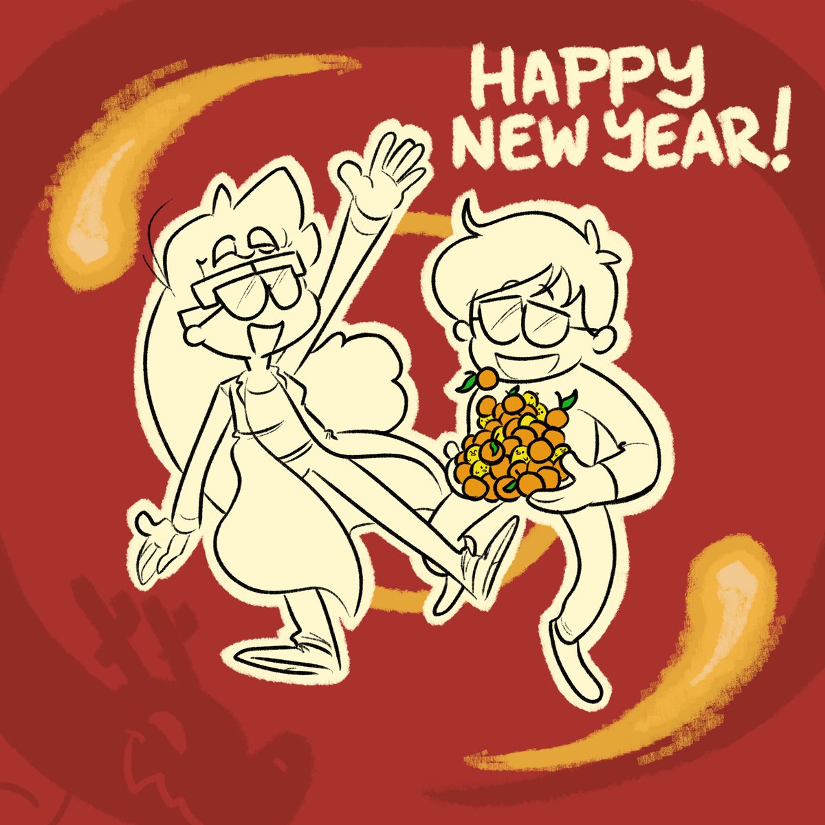 Paige and Ian pose excitedly on a red background. Ian is holding a pile of baby chicks and oranges. Two golden planets, from A Dance of Fire and Ice, orbit in the background along with a dragon. Text reads "Happy New Year!"