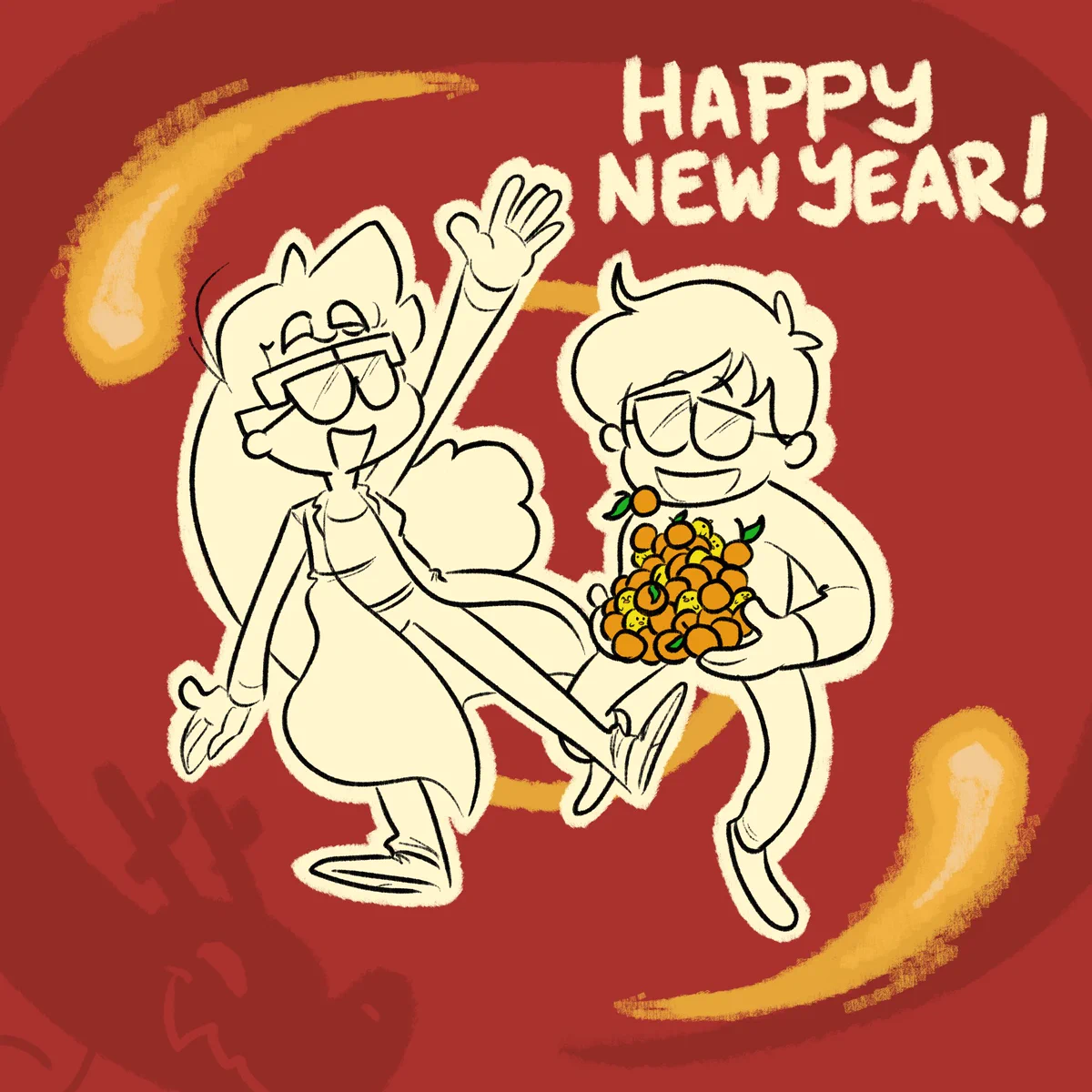 Paige and Ian pose excitedly on a red background. Ian is holding a pile of baby chicks and oranges. Two golden planets, from A Dance of Fire and Ice, orbit in the background along with a dragon. Text reads "Happy New Year!"