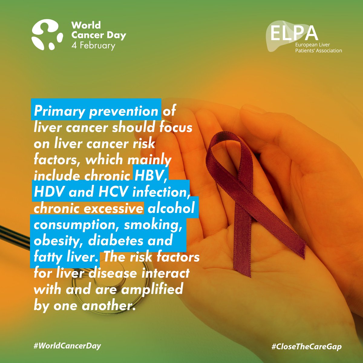 #LiverCancer risk prevention is the key to lowering its incidence. Almost 50% of liver cancer cases are #preventable, and 35% of #deaths could be avoided through preventive measures and #lifestyle choices. #WorldCancerDay

@EC_HERA @EU_Commission @EU_Health @P_C_E_…