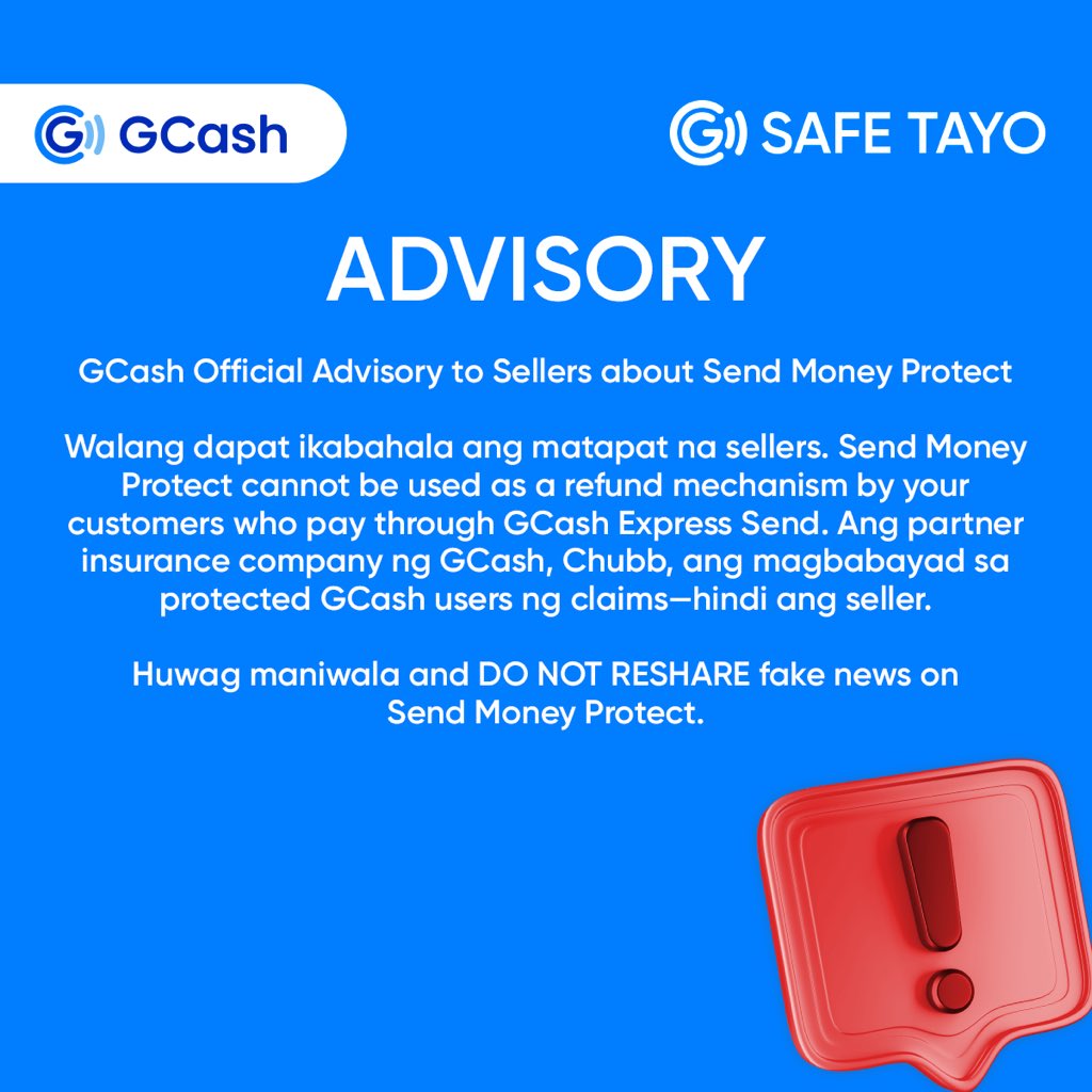 gcashofficial's tweet photo. ‼️ Mag-ingat sa mga nagkakalat ng fake news sa social media. Check the official GCash Facebook page for any advisories. GCash is taking action against fake news peddlers about our new product, Send Money Protect, and the illegitimate use of our logo. https://t.co/NTR9cgAoNE