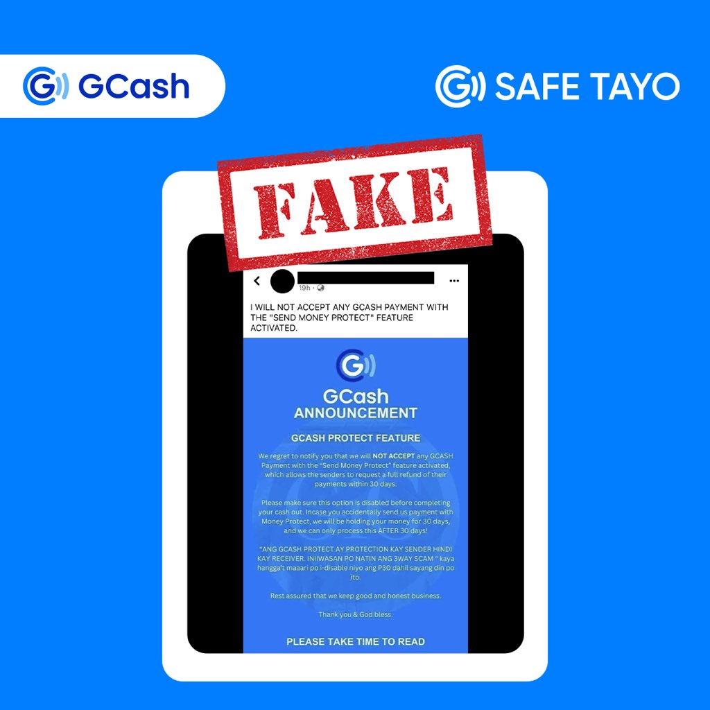 gcashofficial's tweet photo. ‼️ Mag-ingat sa mga nagkakalat ng fake news sa social media. Check the official GCash Facebook page for any advisories. GCash is taking action against fake news peddlers about our new product, Send Money Protect, and the illegitimate use of our logo. https://t.co/NTR9cgAoNE