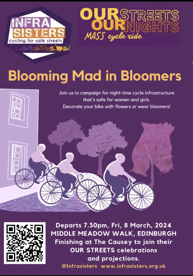 We’re gearing up for #InternationalWomensDay - going blooming mad in bloomers! All welcome on our ride that leaves Middle Meadow Walk at 7.30pm and ends at @The_Causey for some wonderful projections and celebrations. Dress up your bike with flowers and or wear bloomers 🌻🪻🌸