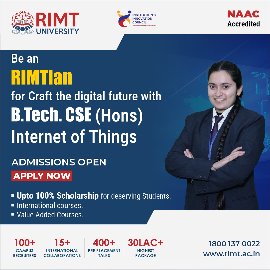 RimtUniversity's tweet image. Join RIMT&apos;s #B_Tech_CSE (Hons.) #IoT_program! Dive into #interconnected_devices, #data_analytics, and smart tech to shape tomorrow&apos;s innovations. Embrace IoT&apos;s power to revolutionize how we live, work, and interact. 
Call us at: 1800 137 0022
#RIMT #CSE #IoT
