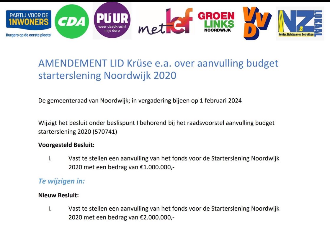 NZLokaal dient samen met andere partijen Amendement in voor starterslening. Met 25👍en 2👎is de  aanvullende starterslening aangenomen.
Link naar het Amendement:noordwijk.bestuurlijkeinformatie.nl/Agenda/Documen…