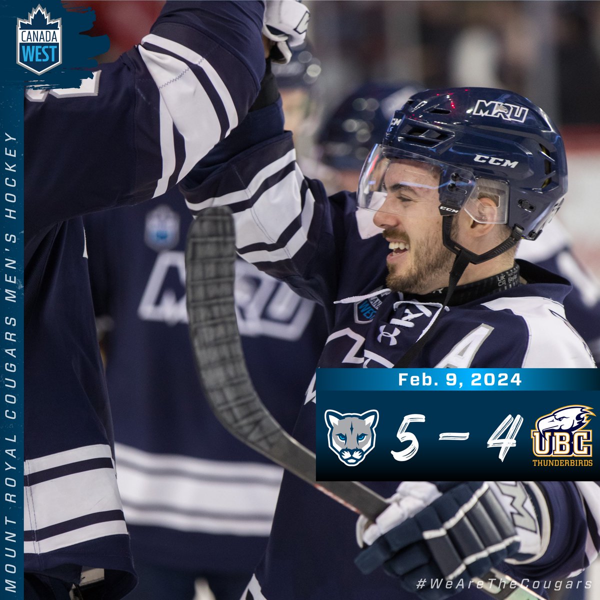 MRUmhockey's tweet photo. 🚨Cougars Win!🚨

A big shootout goal by Spencer Moe seals the deal here in Vancouver! The hunt for first comes down to the final game of the regular season tomorrow afternoon!

Catch the game on Canada West TV at 3pm PST 

#wearethecougars https://t.co/1knvB8EDEB