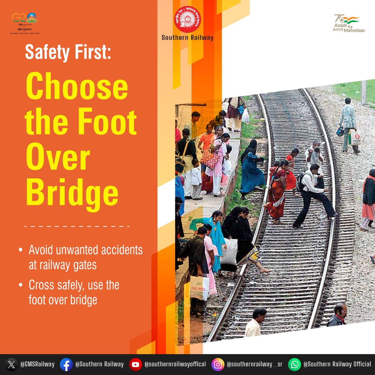 drm_tvc's tweet photo. Your safety comes first! Boost your commute safety by using #FootOverBridges at platforms. Prioritize your well-being; avoid walking on tracks to save time. #SafetyFirst #SouthernRailway https://t.co/vx7HlfxoLm