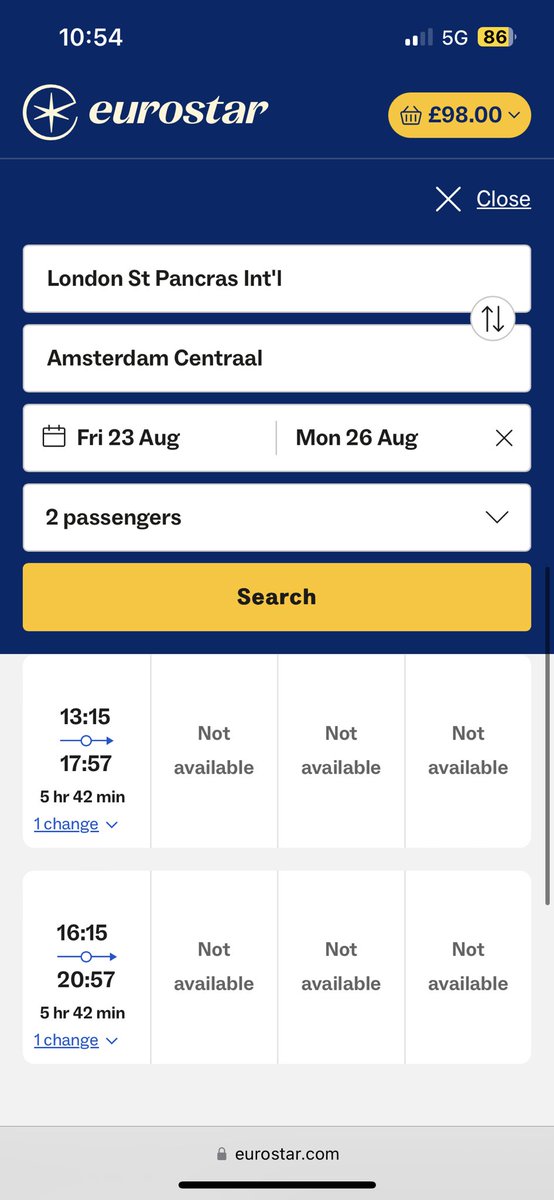 genomicsas's tweet photo. @Eurostar Why are the trains not available for booking on the afternoon of 26th August from Amsterdam to London? Are they sold out or not available to buy yet? If so, when will they become available? https://t.co/Oum3hg8Nm8