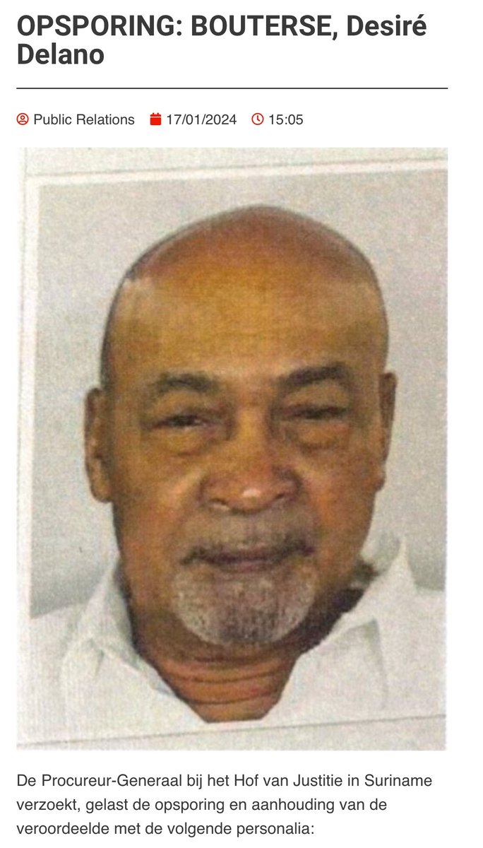 De tot twintig jaar cel veroordeelde Surinaamse massamoordenaar Desi Bouterse is al ruim vijftig dagen voortvluchtig. Zelfs op de opsporingslijst van Interpol is de schurk niet te vinden. De regering van Suriname doet er het zwijgen toe. interpol.int/How-we-work/No…