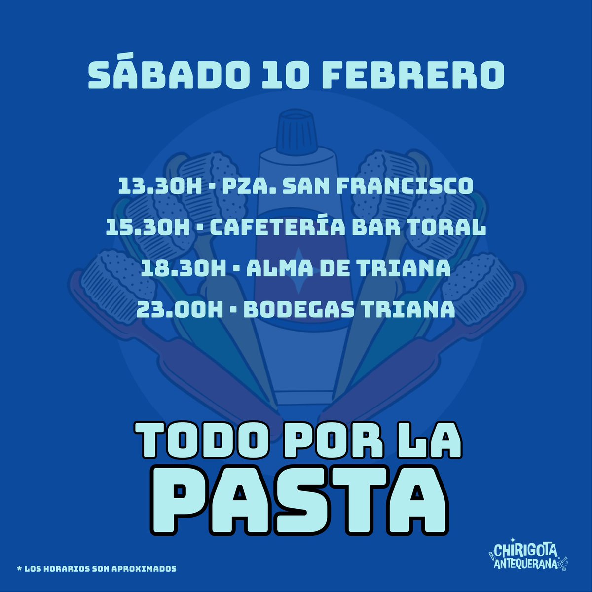 ChirigotaATQ's tweet photo. ¡Que ya hemos parido!

Nos vemos por las calles de #Antequera. Hoy estaremos cepillando por el centro, aquí tenéis la ruta. Os iremos informando según vaya avanzando el día.

¡Feliz Carnaval!

#TodoPorLaPasta https://t.co/8H0QxIBxOg