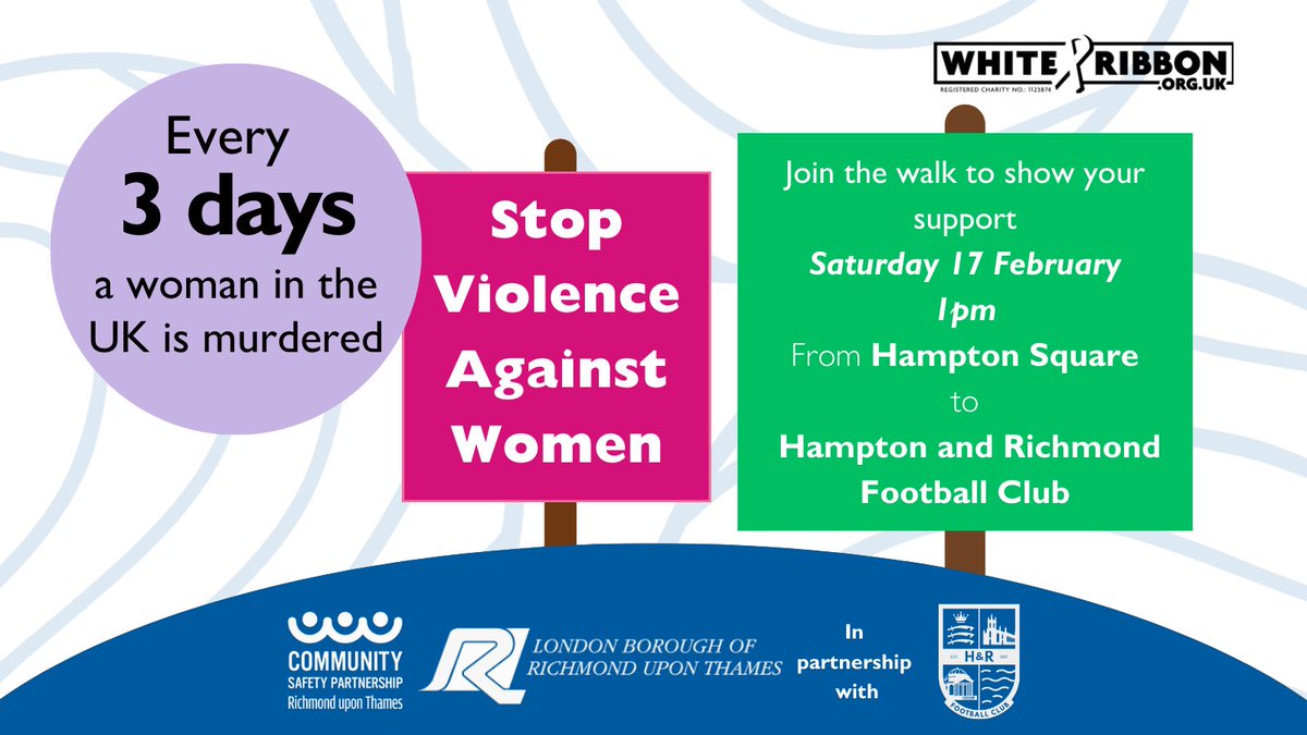 Join us on our next ⁦<a href="/WhiteRibbon_UK/">White Ribbon UK</a>⁩ walk to highlight the problem of violence against women and girls.  Hear what ⁦<a href="/LBRUT/">Richmond Council</a>⁩ is doing and how we are partnering with ⁦<a href="/HAMRICHFC/">Hampton & Richmond Borough FC</a>⁩ to address the issue.  And learn how you can be an ally!