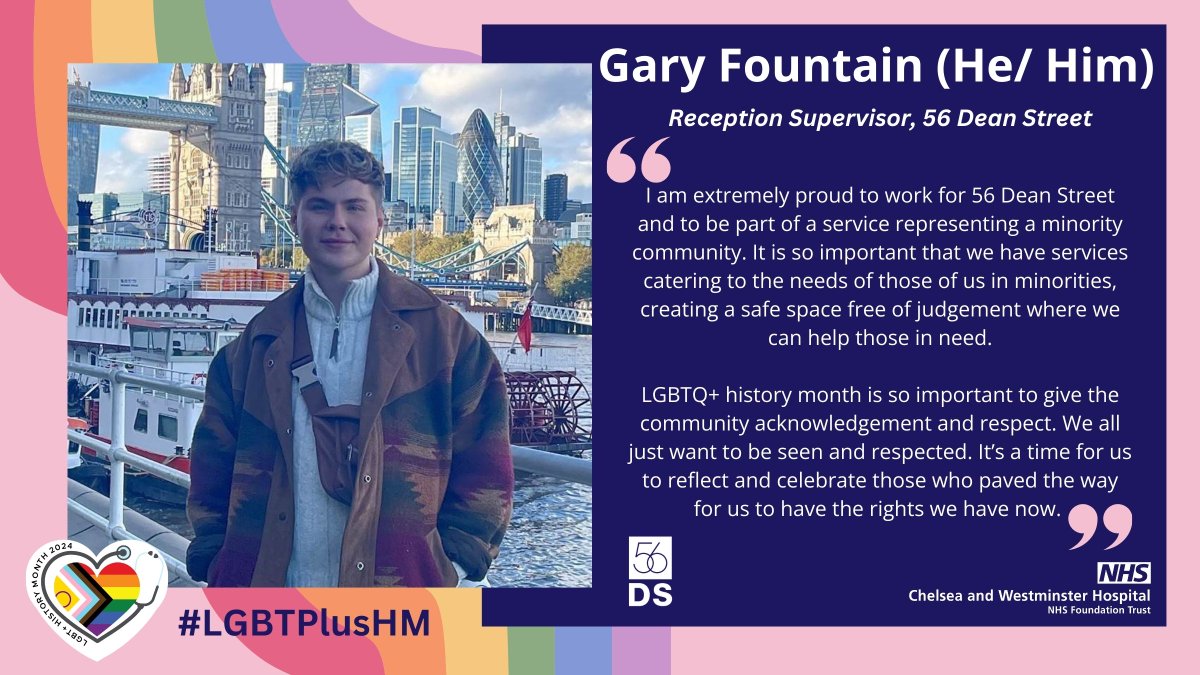 Chelsea and Westminster Hospital (@chelwestft) on Twitter photo For #LGBTPlusHM, Gary, reception supervisor at <a href="/56deanstreet/">56 Dean Street</a>, shared why he is proud to work for there and what this month means to him. #UnderTheScope For #LGBTPlusHM, Gary, reception supervisor at <a href="/56deanstreet/">56 Dean Street</a>, shared why he is proud to work for there and what this month means to him. #UnderTheScope