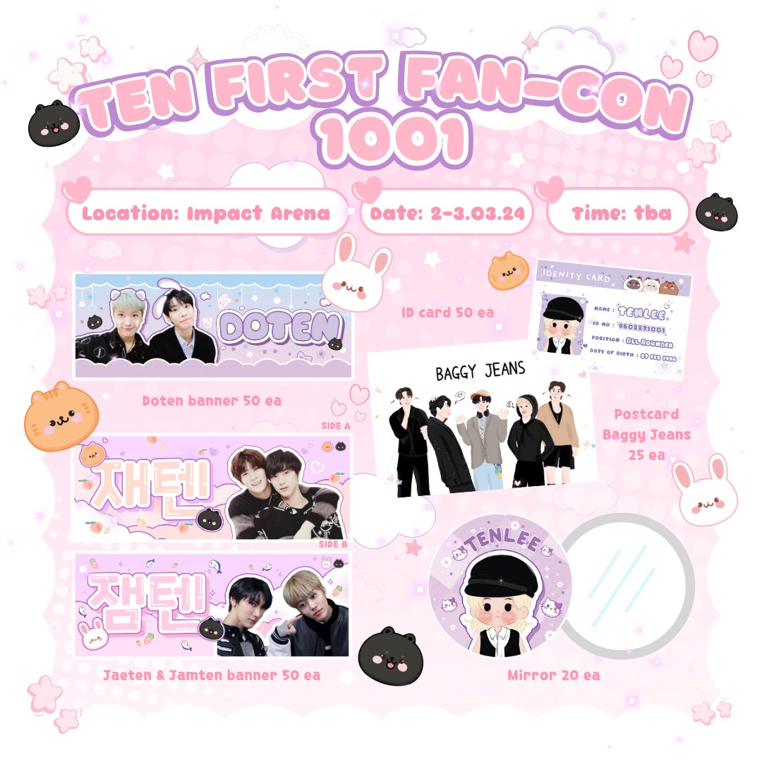 . +ﾟ*｡:ﾟ+  Giveaway  . +ﾟ*｡:ﾟ+

💜 Doten banner 50 ea
💜 Jaeten &amp; Jamten banner 50 ea
💜 ID Card 50 ea
💜 Postcard 25 ea
💜 Mirror 20 ea

Location : Impact Arena
Date : 2-3/03
Time : tba

With <a href="/yoongi_myung/">ㅇㄱ</a> 💜

#TEN_FIRST_FANCON_IN_ASIA #TEN_FIRST_FANCON_IN_BKK