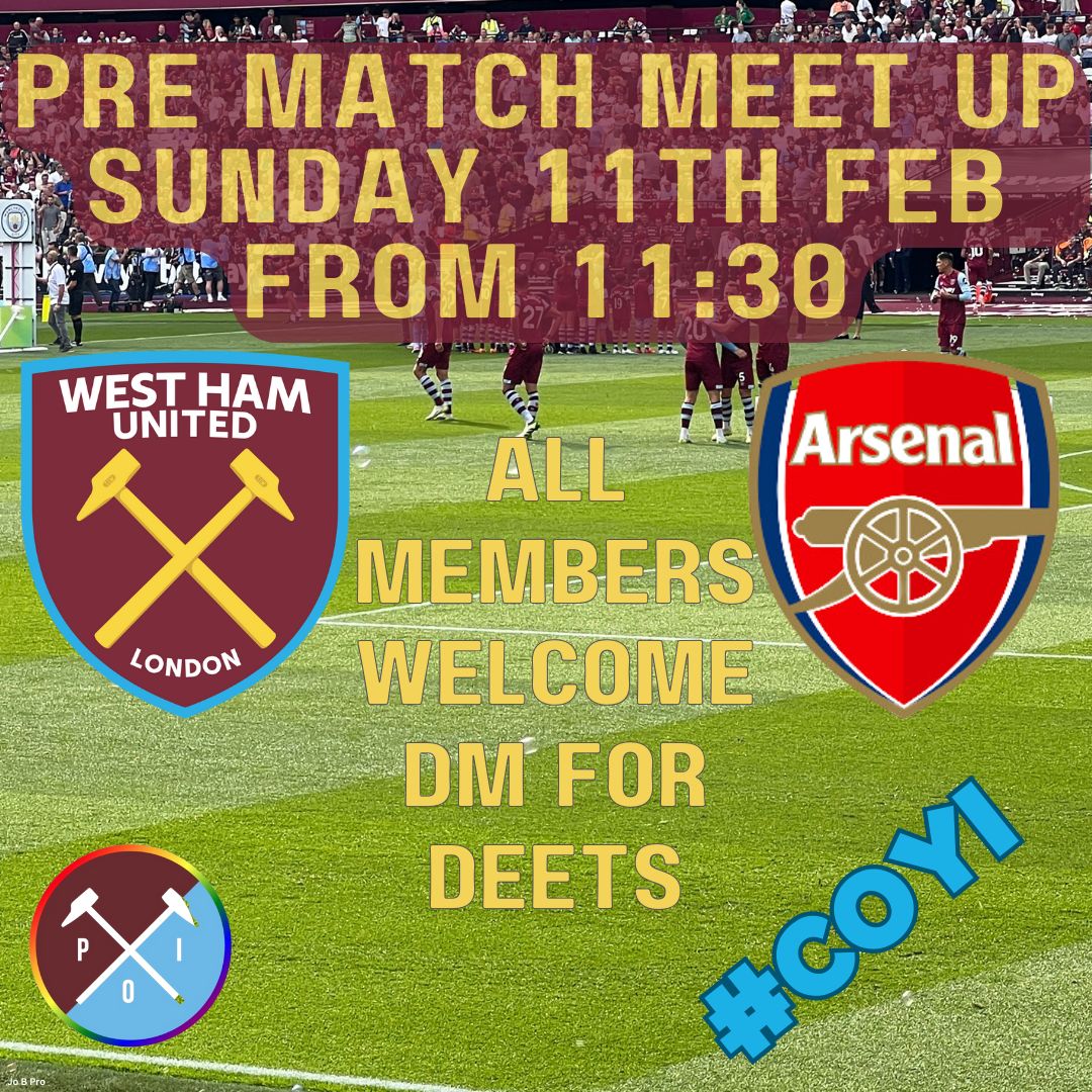 Members meet up ⚒️ Join us from 11.30 before the Arsenal match. #LGBTQ #WHUFC #COYI (DM for venue details)