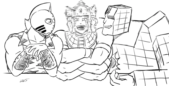 元ネタ良くわからずに描いたソルジャーとサンシャインに挟まれるアシュラマン 