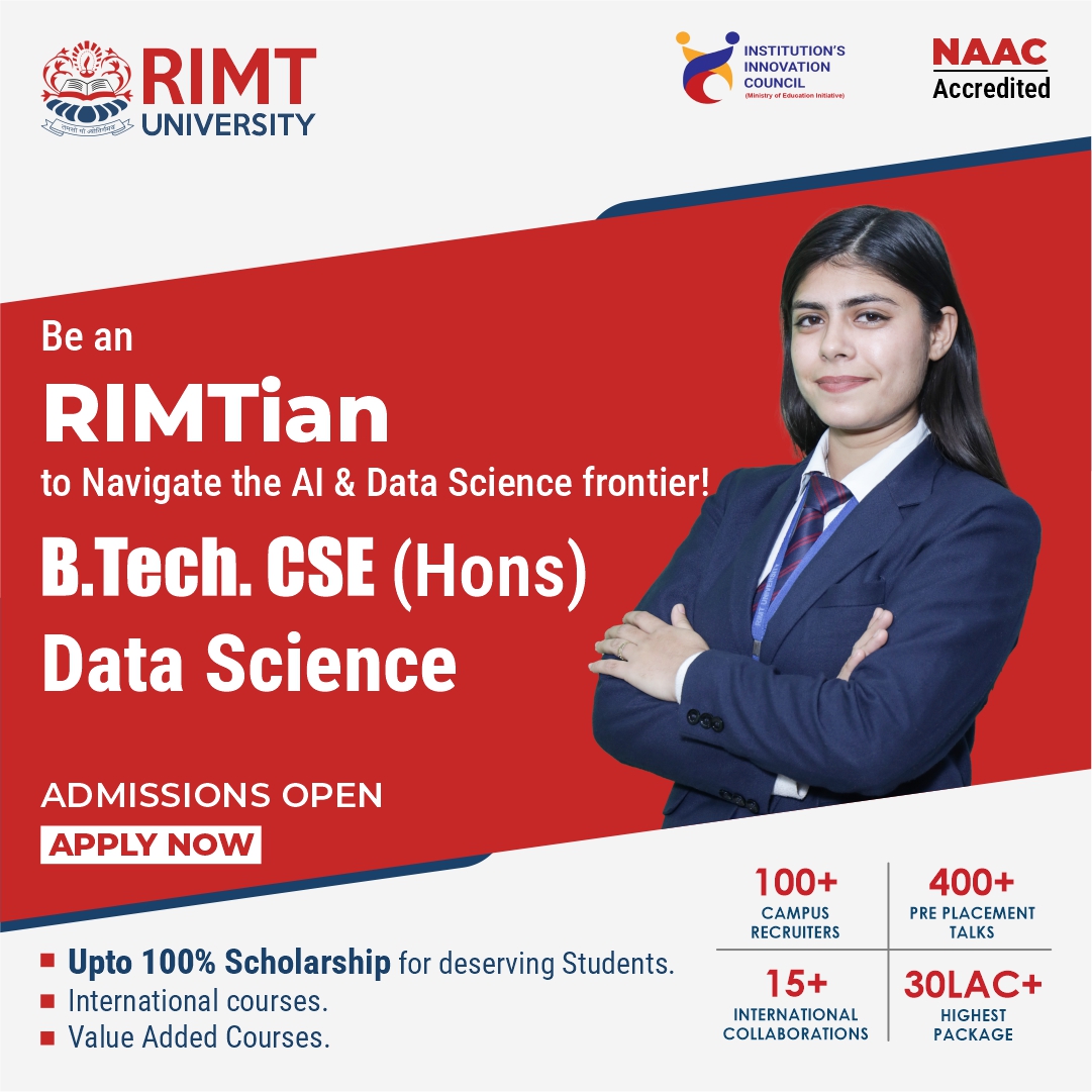 RimtUniversity's tweet image. Embark on the #AI &amp;amp; #Data_Science journey as an RIMTian with our #B_Tech_CSE (Hons.) Data Science program! Navigate the frontier of #cutting_edge_technology and unlock limitless possibilities in #data_driven_innovation.
Call us at: 1800 137 0022
#RIMTUniversity