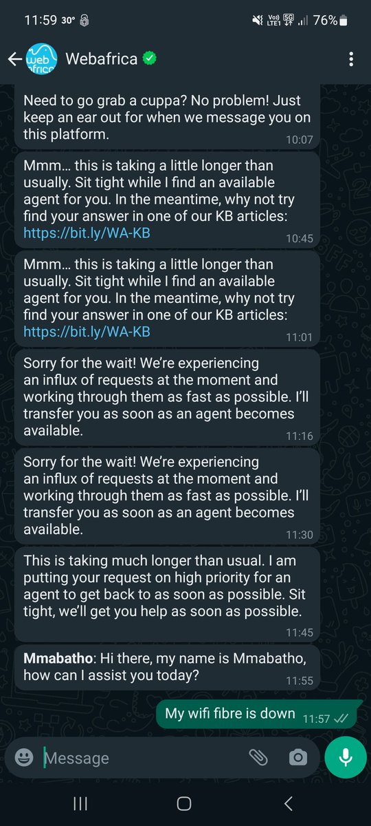 StaceyE_ZA's tweet photo. @WebAfricaHelper . Is this really the "service " we get ? 2 hours just to connect to an agent and then zero response ! https://t.co/J7YK0gcY4H